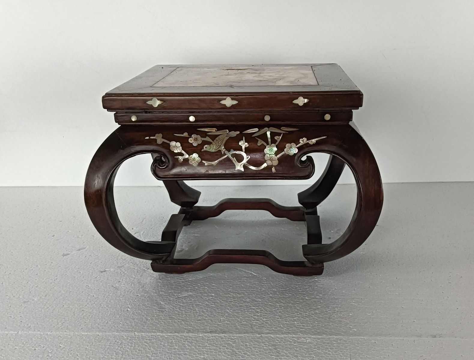 Small Gorgeous Low Chinese Side Bonsai Table Marble Top Mother Of Pearl Wood Vin photo 323.0