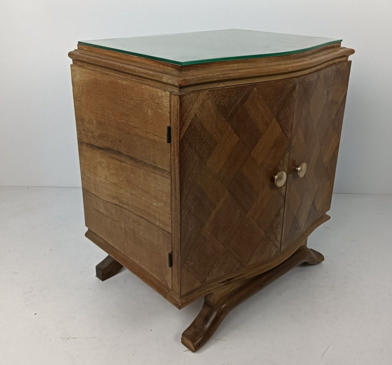 Art Deco Nightstand End Table Cabinet Inlay Marquetry Wood Glass Top Antique Lov photo furniture