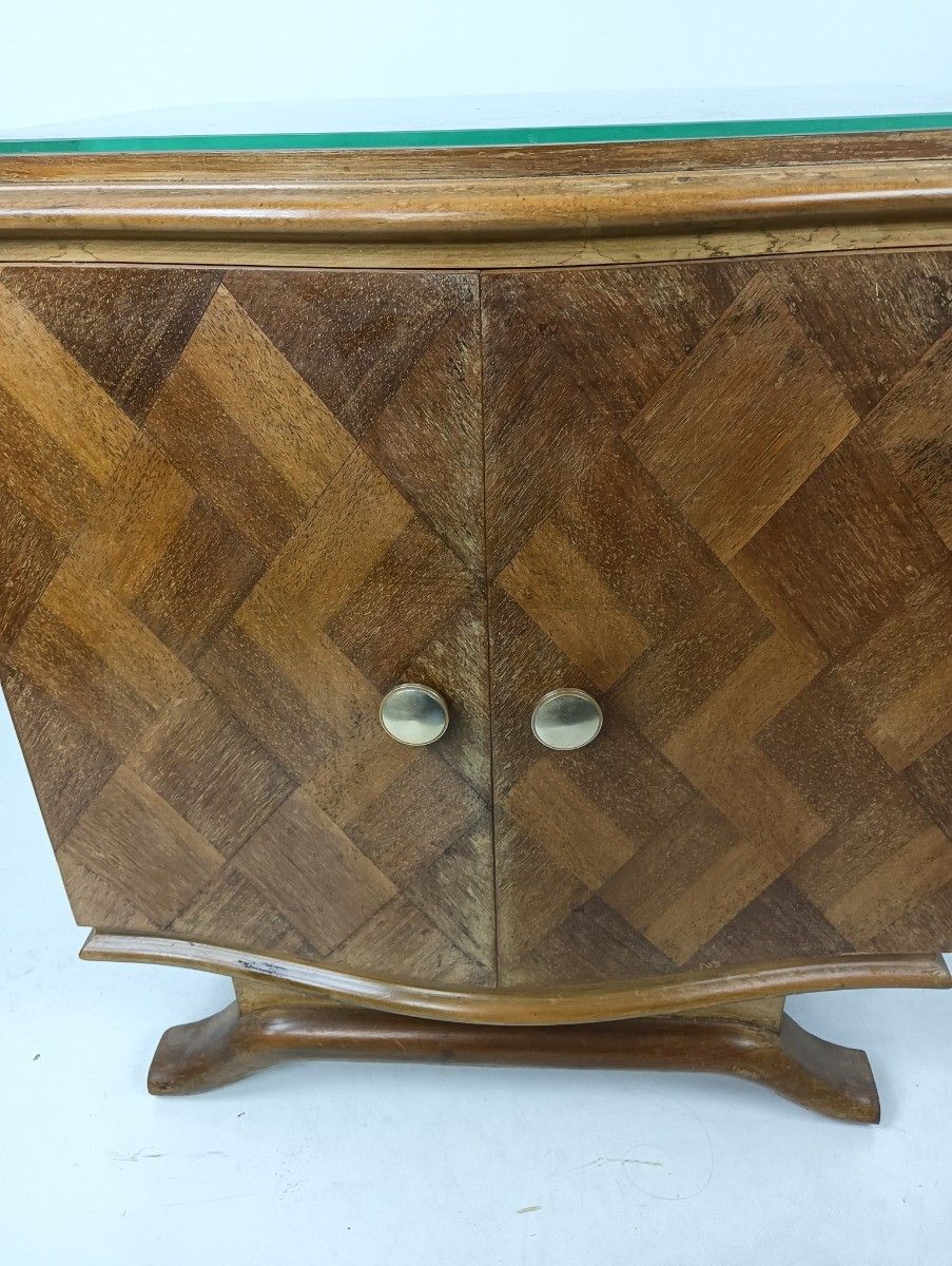 Art Deco Nightstand End Table Cabinet Inlay Marquetry Wood Glass Top Antique Lov photo Furniture