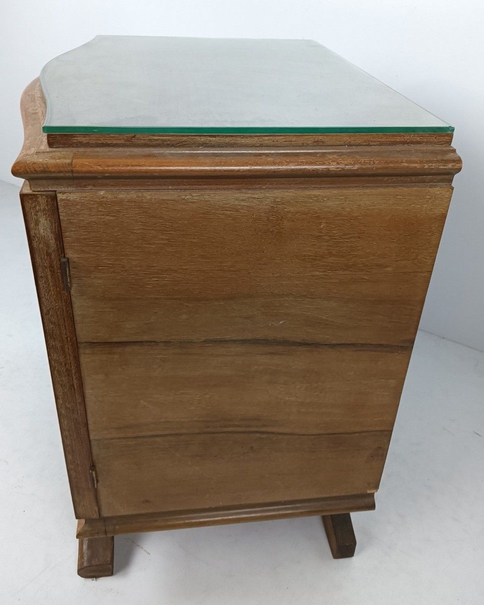 Art Deco Nightstand End Table Cabinet Inlay Marquetry Wood Glass Top Antique Lov photo vintage