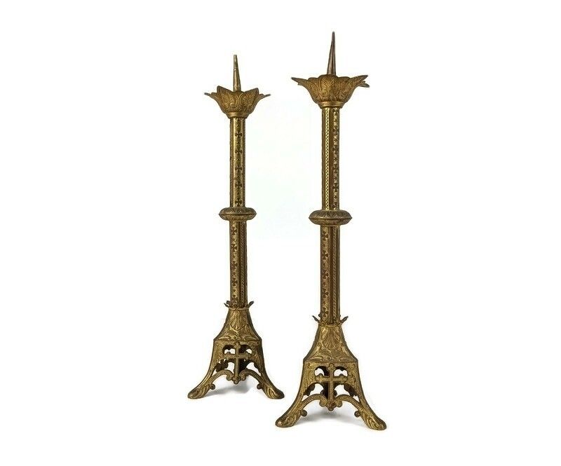 Gothic Candle Stick Candle Holders Brass  Antique 19th Century Couple Beautiful