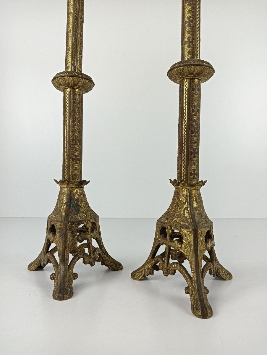 Gothic Candle Stick Candle Holders Brass  Antique 19th Century Couple Beautiful photo vintage