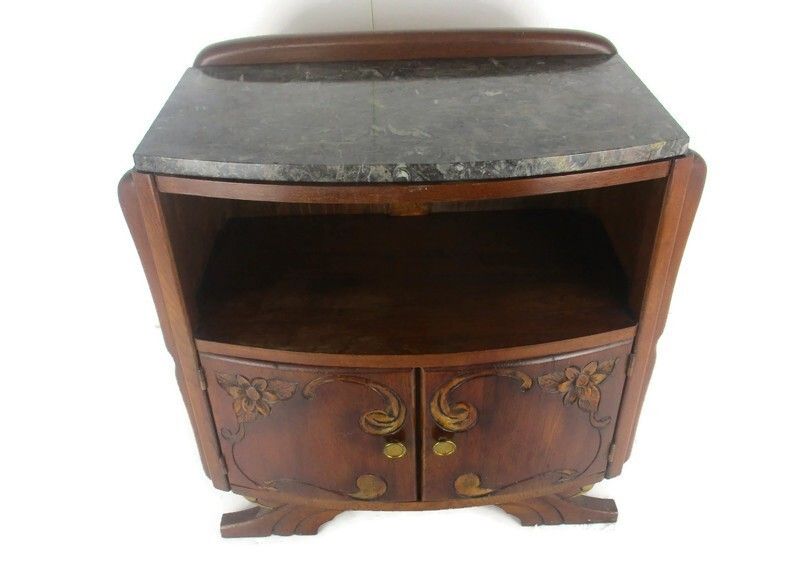 Art Deco Double Cabinet Nightstand Night Stand Marble Top Ornate Wood Lovely