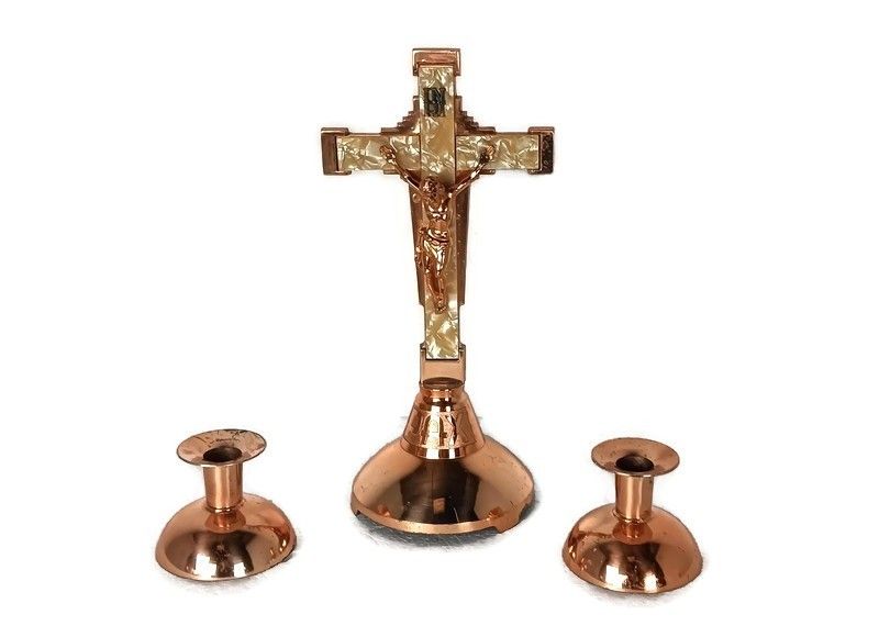 3 Piece  Altar Set Crucifix Candle Holders  Candle Sticks Faux Marble Copper Loo