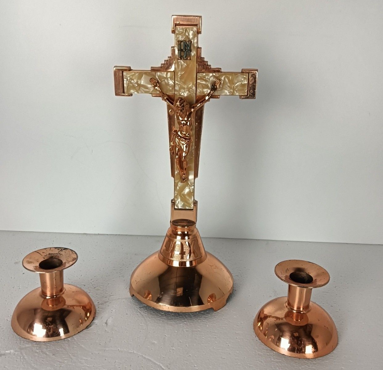3 Piece  Altar Set Crucifix Candle Holders  Candle Sticks Faux Marble Copper Loo photo for sale