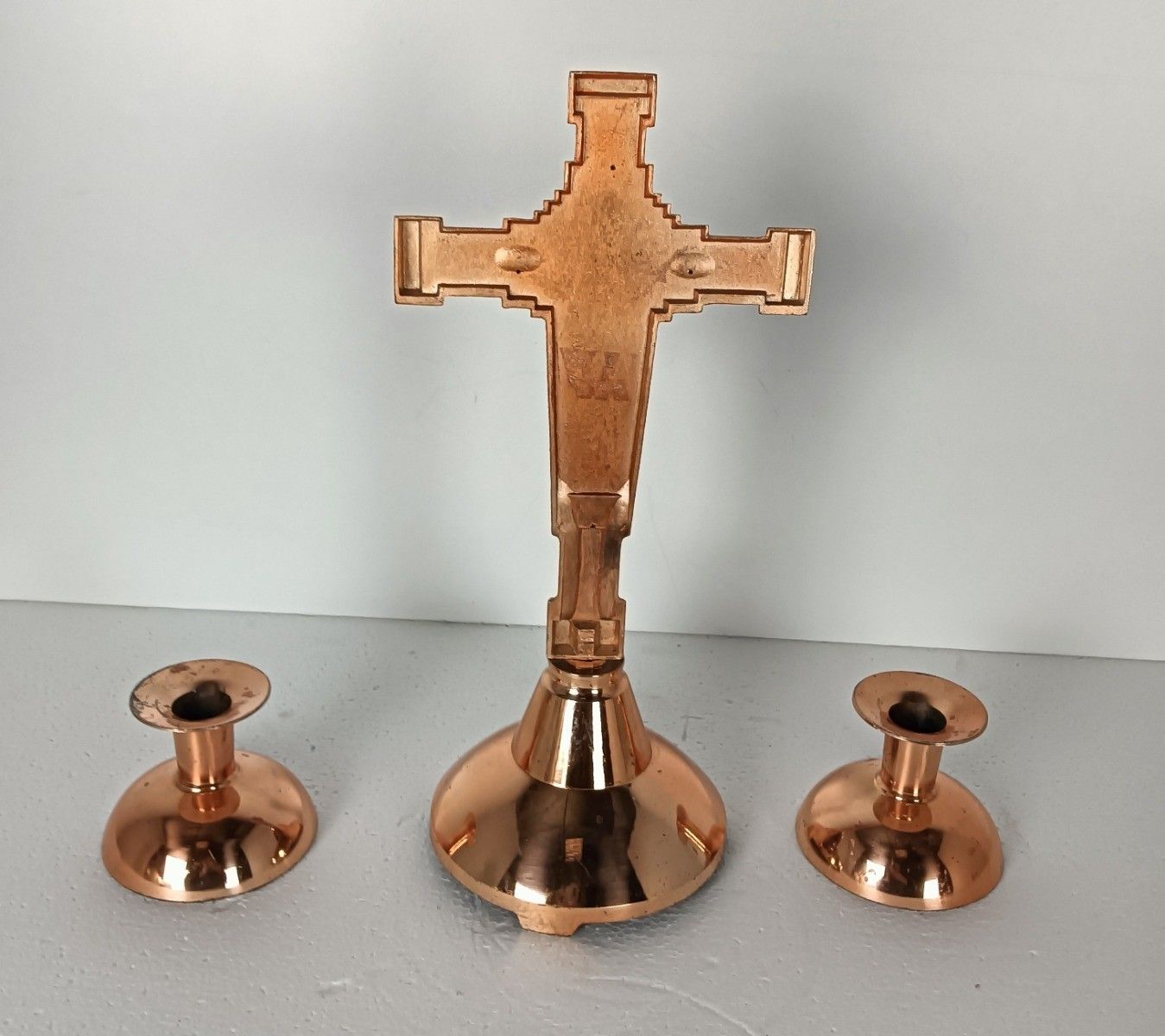 3 Piece  Altar Set Crucifix Candle Holders  Candle Sticks Faux Marble Copper Loo photo vinterior
