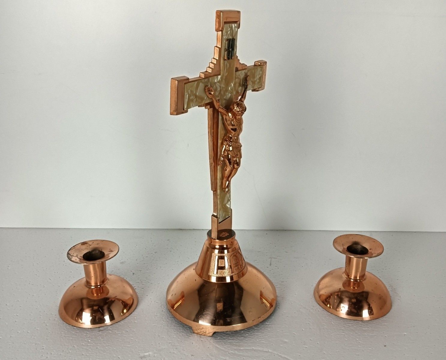 3 Piece  Altar Set Crucifix Candle Holders  Candle Sticks Faux Marble Copper Loo photo vintage