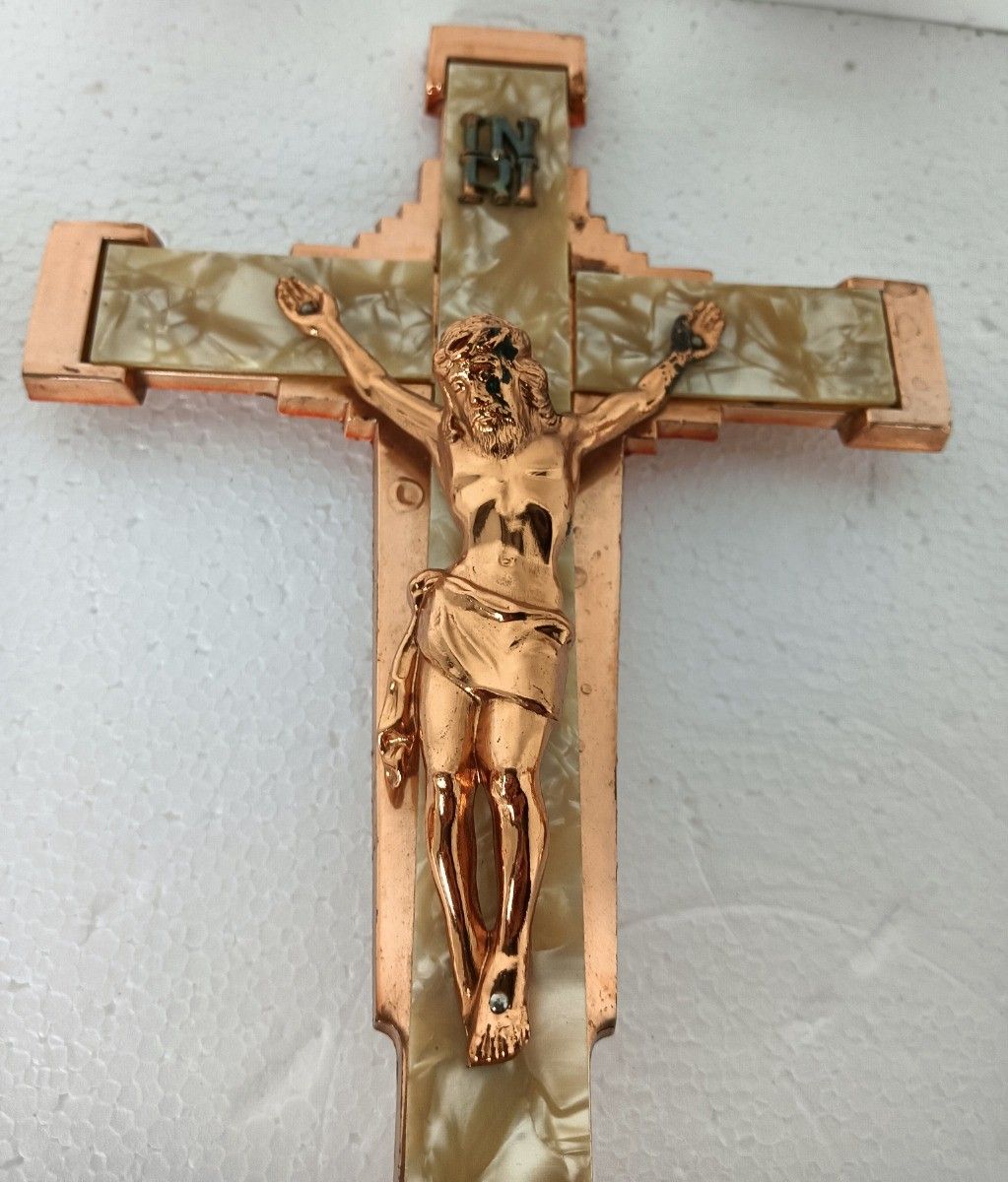 photo furniture 3 Piece  Altar Set Crucifix Candle Holders  Candle Sticks Faux Marble Copper Loo