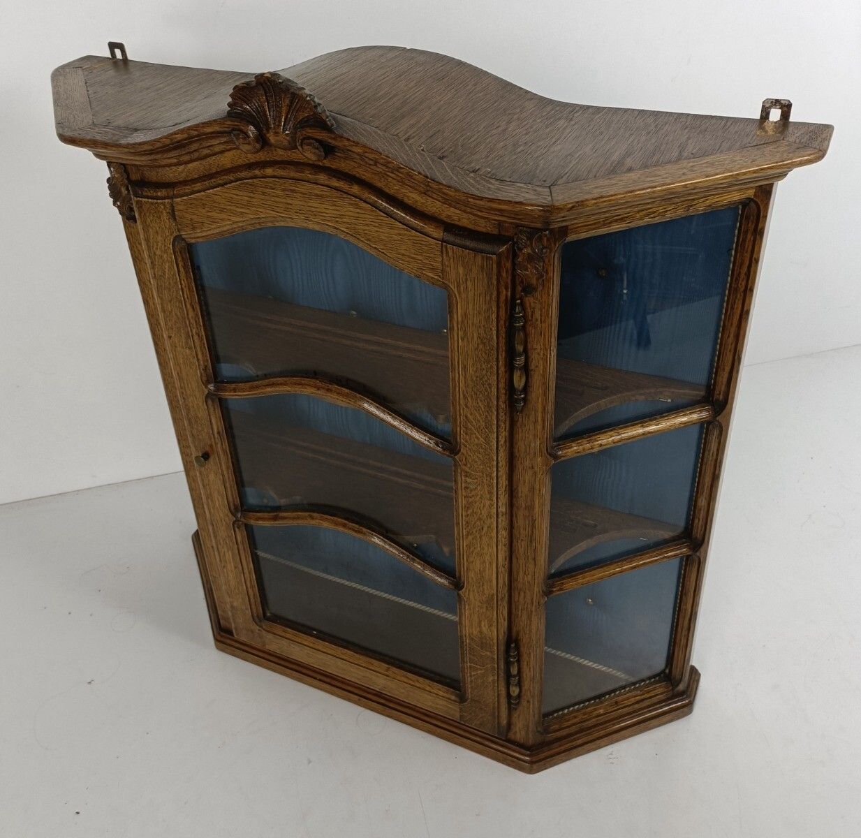 Ornate Carved Wood Glass Doors Display Cabinet Blue Velvet Modernist Vintage photo vinterior