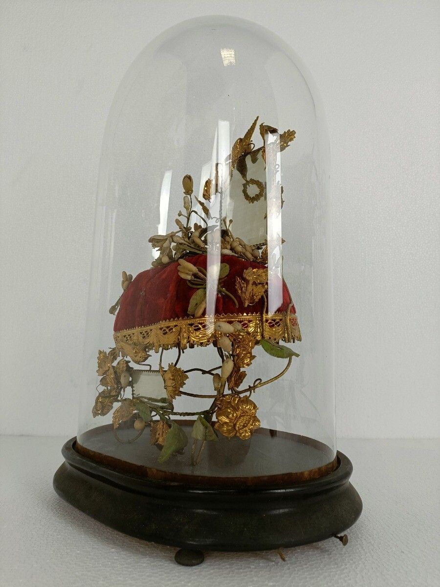 Antique Victorian French Bridal Wedding Dome Gold Gilt Leaves Ormolu Birds 19th photo furniture