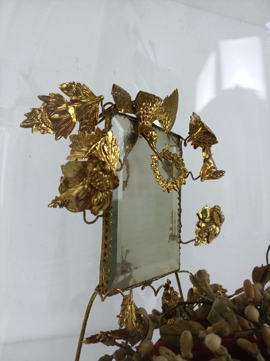 Antique Victorian French Bridal Wedding Dome Gold Gilt Leaves Ormolu Birds 19th photo 526.0