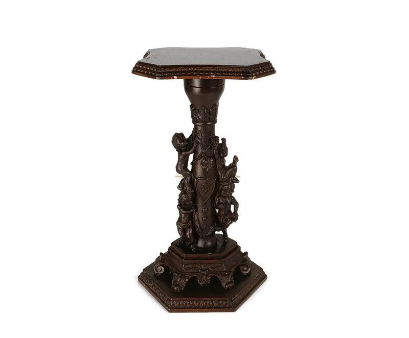 Ornate Vintage Resin Plant Stand Pedestal Side Table Putti Playing Faux Wood Far