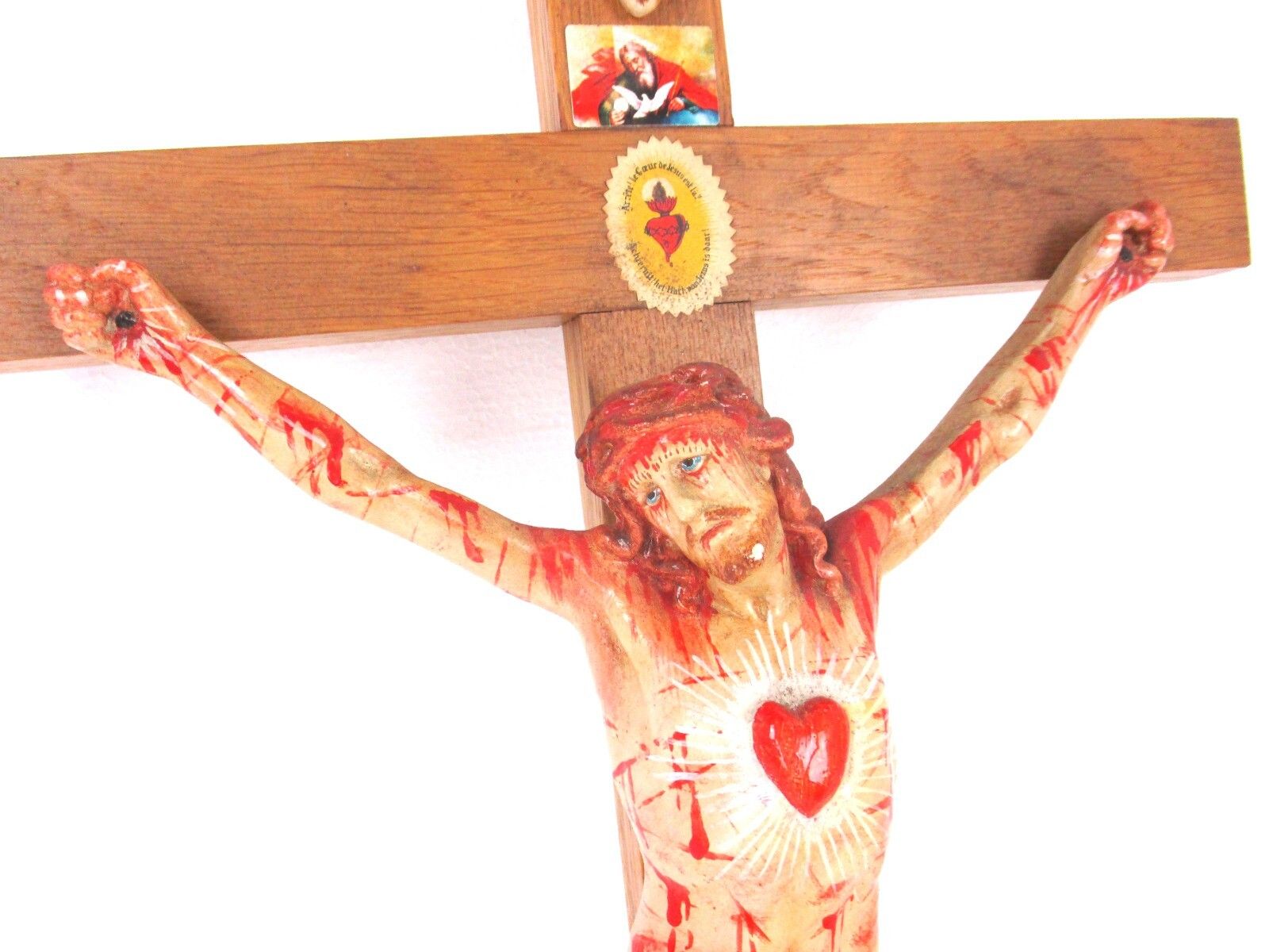 Xl Wood Hanging Church Crucifix Plaster Corpus Dramatic Holy Heart Germany photo for sale