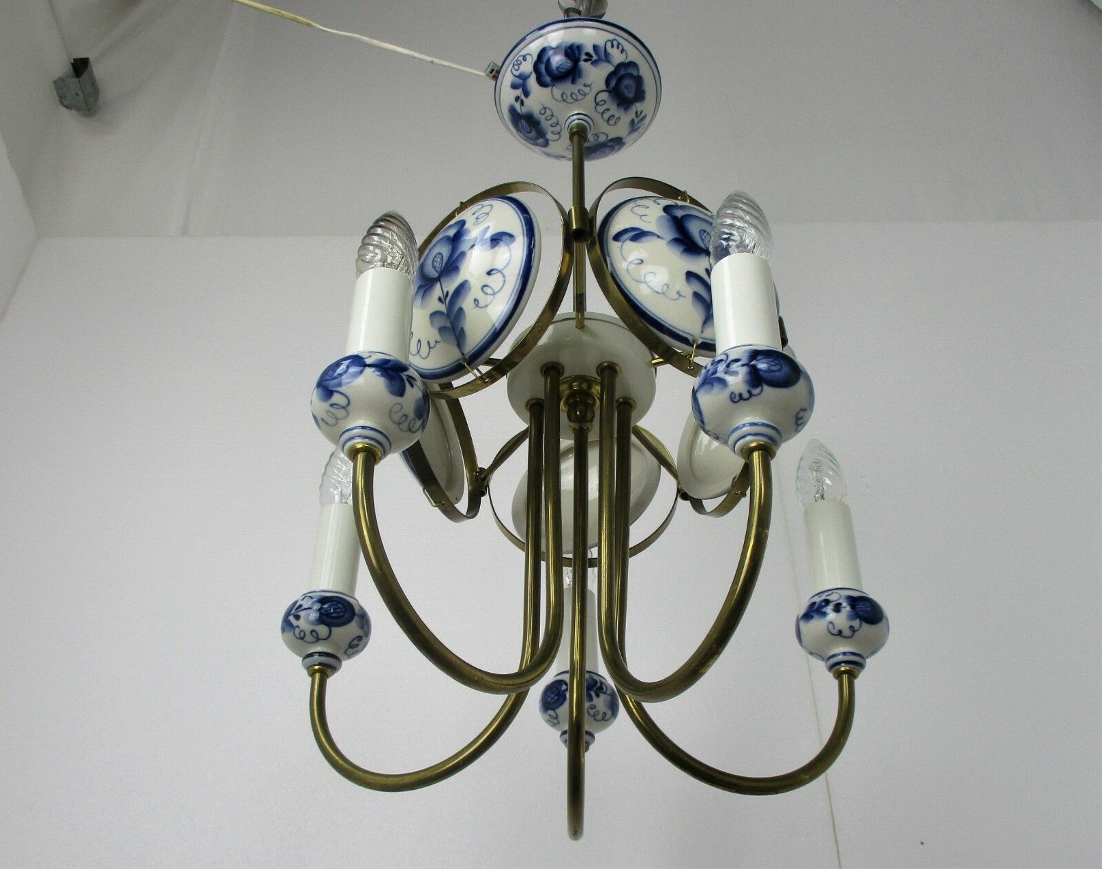 Delft Blue White Porcelain  Brass Chandelier Dutch 5 Arm Lights Htf Medallions photo buy