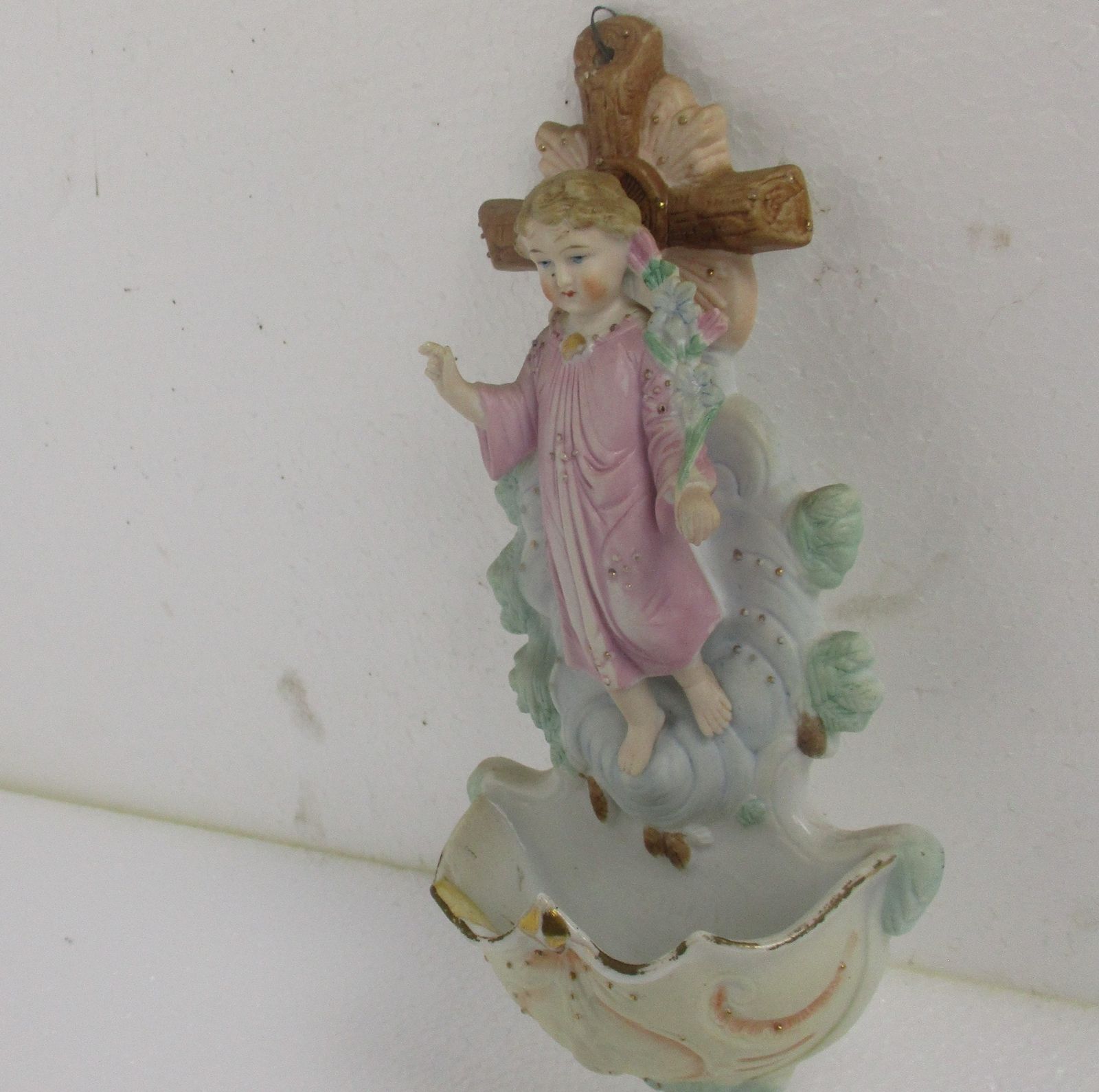 Porcelain Bisque Holy Water Font Vessel Infant Jesus  Wall Hanging Antique photo for sale