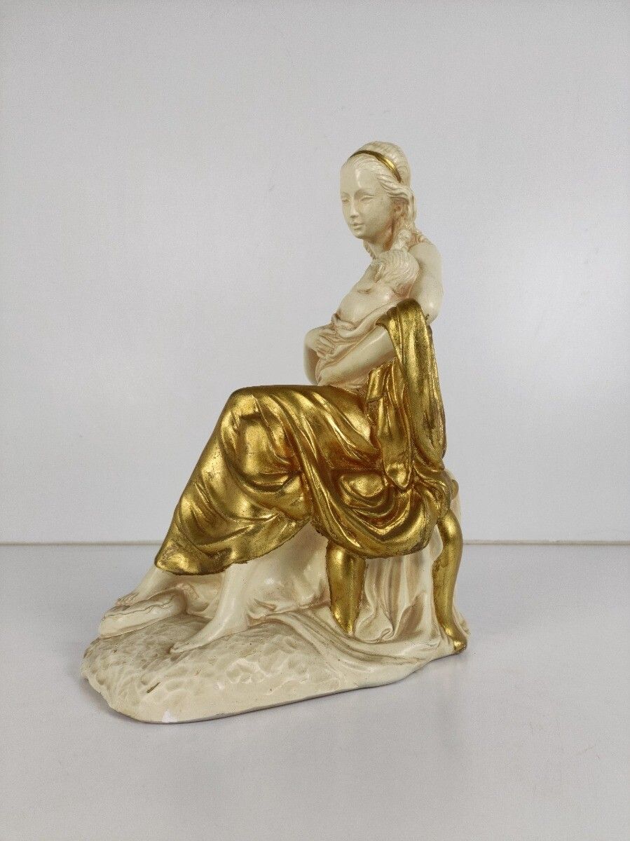 Statue Figurine Sculpture Gold Gilded White Plaster Mother With Child Gorgeous T photo for sale
