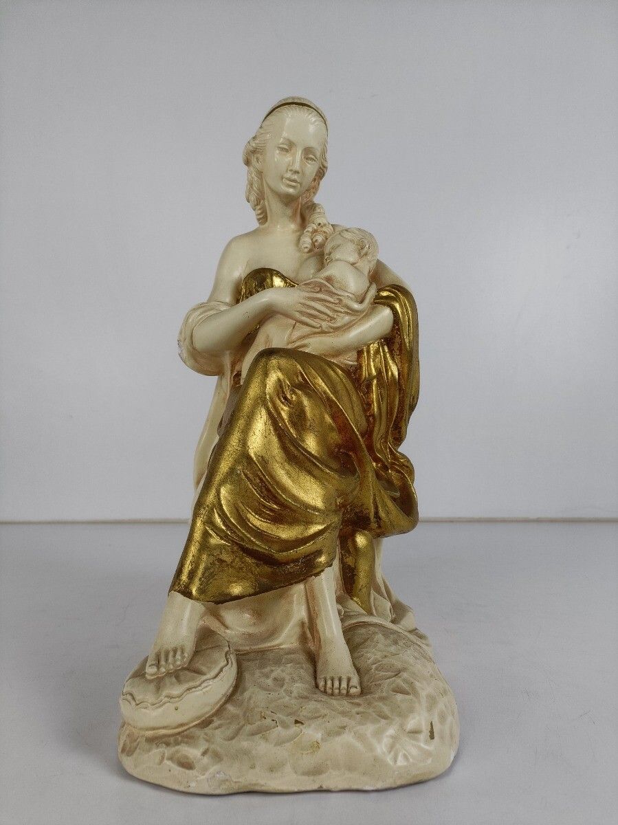 Statue Figurine Sculpture Gold Gilded White Plaster Mother With Child Gorgeous T photo vintage