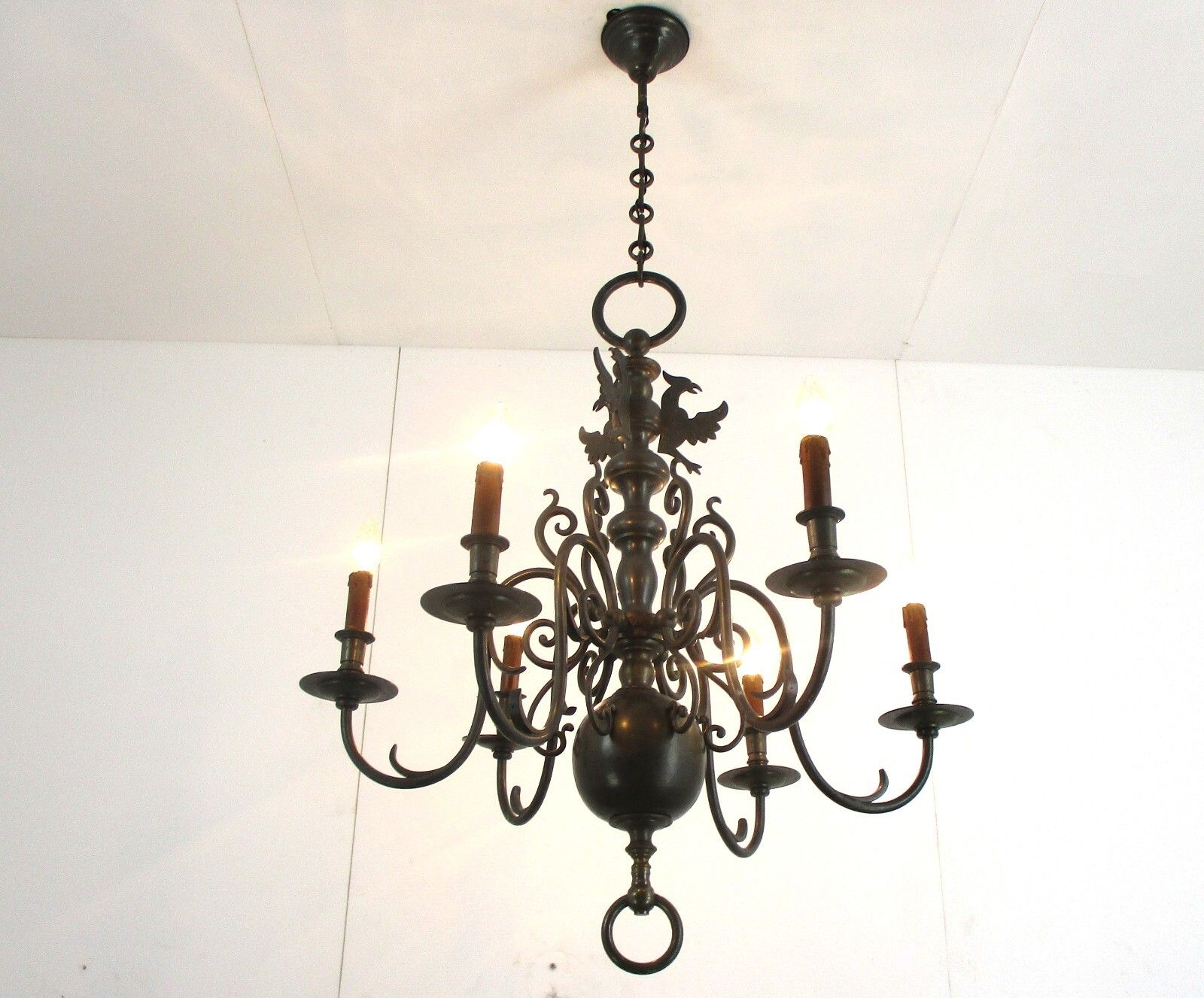 Antique Flemish Dutch Double Chandelier 6 Arms Lights Bronze 19th Century  Wow photo for sale
