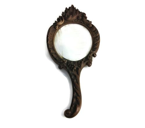 Antique Brass Hand Mirror Embossed Etched Beveled Glass Art Nouveau Lovely