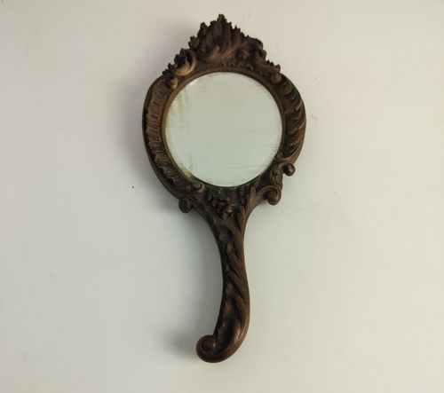 Antique Brass Hand Mirror Embossed Etched Beveled Glass Art Nouveau Lovely photo Home Decor