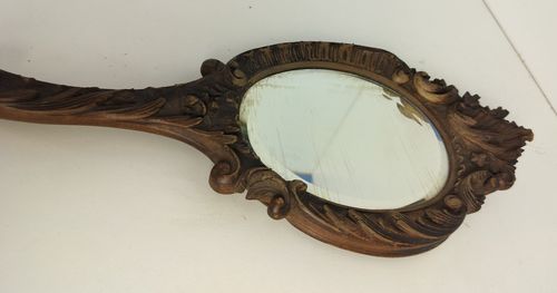 Antique Brass Hand Mirror Embossed Etched Beveled Glass Art Nouveau Lovely photo vinterior