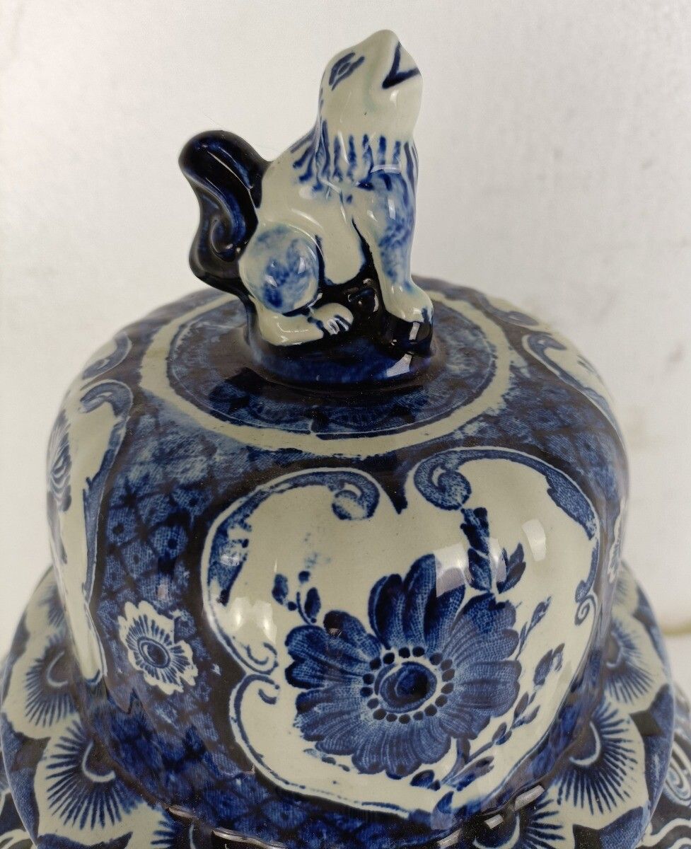 Large Vase Urn Lidded With Foo Dog Blue White, Delft Marked Royal Sphinx Maastri photo furniture
