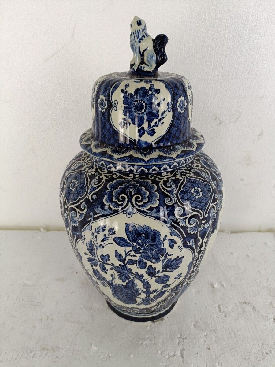 Large Vase Urn Lidded With Foo Dog Blue White, Delft Marked Royal Sphinx Maastri photo Home Decor