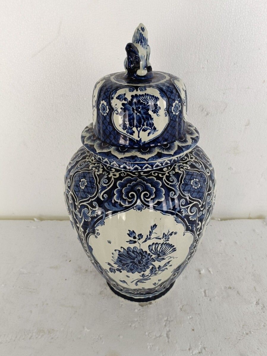 Large Vase Urn Lidded With Foo Dog Blue White, Delft Marked Royal Sphinx Maastri photo 186.0