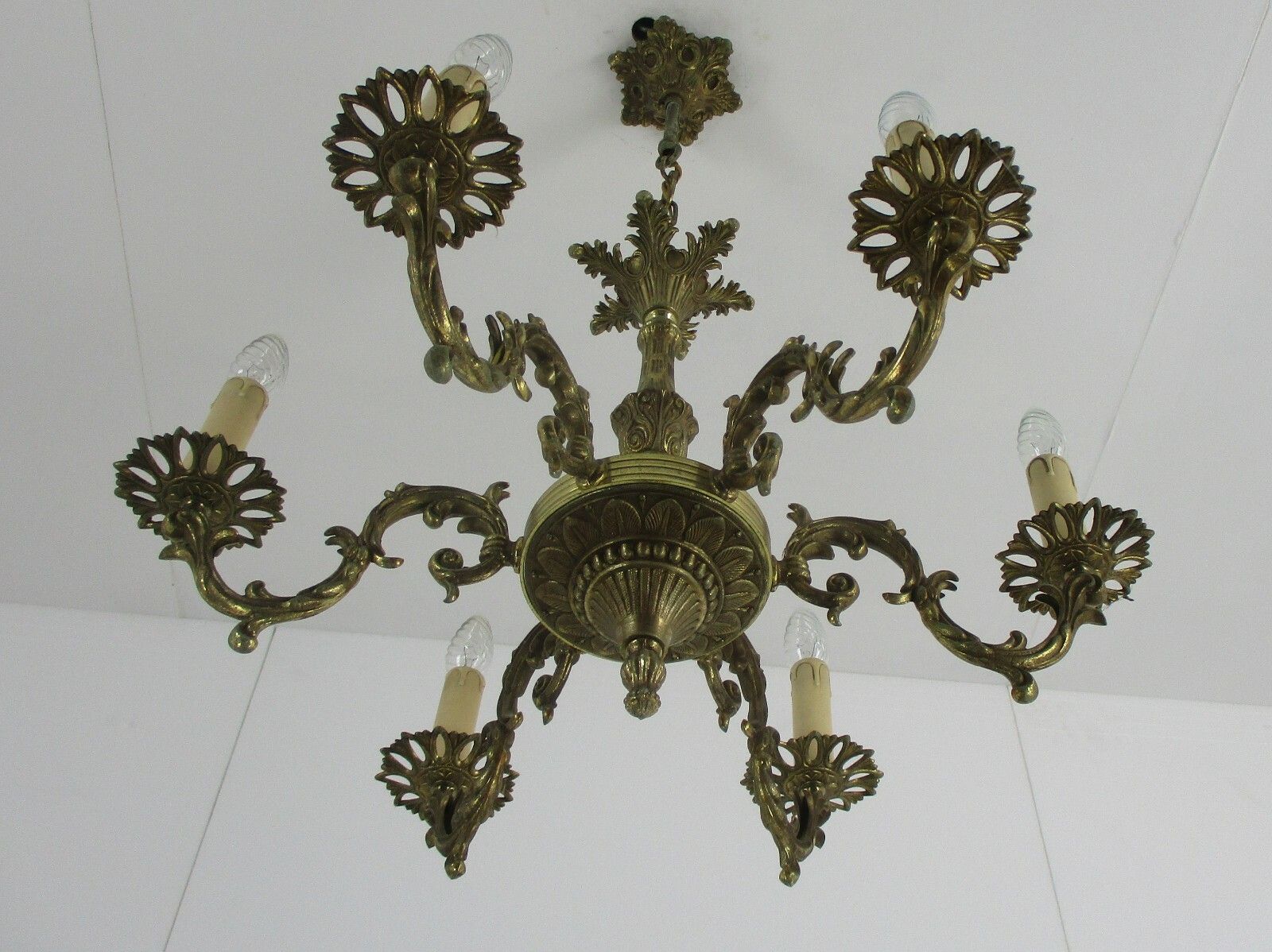 Chandelier 6 Lights Brass Hollywood Regency Ornate Mid Century Modern Vintage photo 352.0