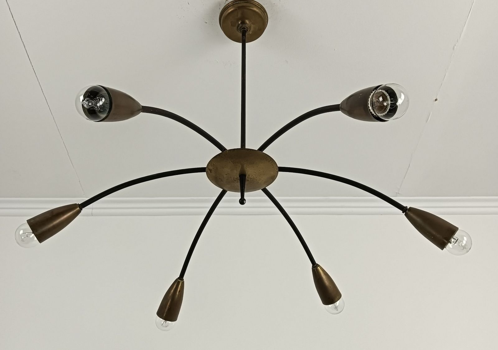 Vintage Retro Pop Art Sputnik Spider Chandelier 6 Arm 6 Lights Iron Brass Funky photo for sale
