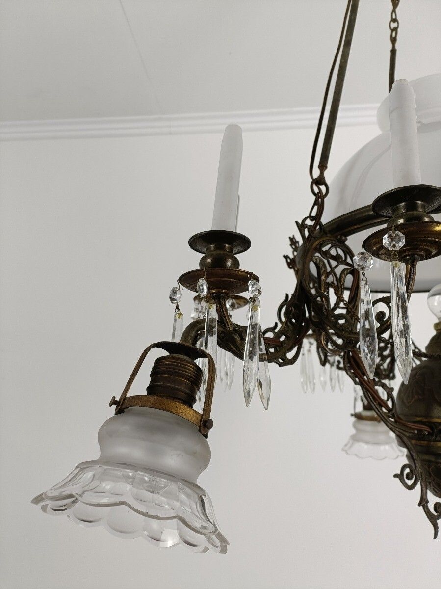 Lampe Belge Antique Chandelier Opaline Glass Shade Ornate Brass 4 Lights 9 Candl photo 1213.0