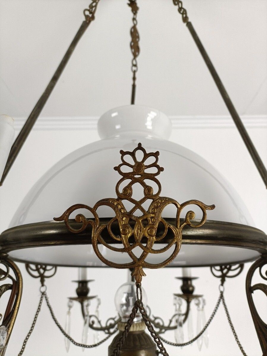 Lampe Belge Antique Chandelier Opaline Glass Shade Ornate Brass 4 Lights 9 Candl photo buy