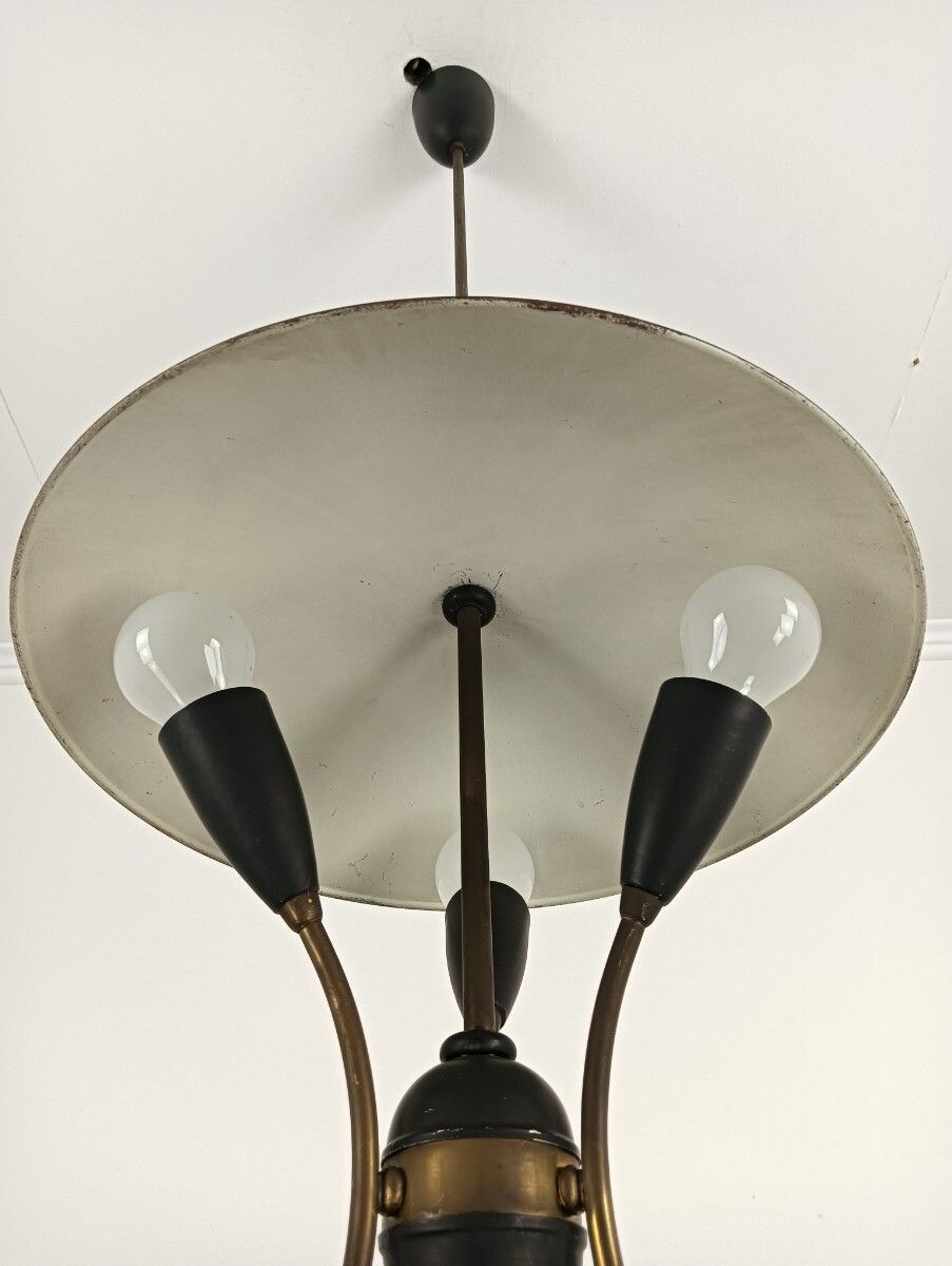 Stilnovo Rare Retro Vintage Chandelier Fixture Metal Modernist 3 Lights Arm Funk photo vinterior