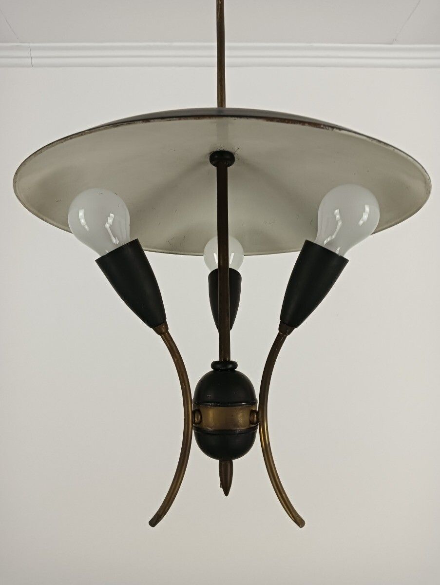 Stilnovo Rare Retro Vintage Chandelier Fixture Metal Modernist 3 Lights Arm Funk photo vintage