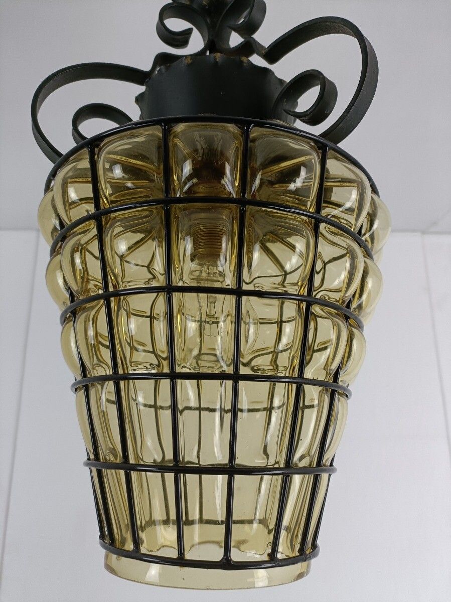 Chandelier Pendant Lamp Lantern Amber Bubbled Glass Wrought Iron Vintage photo buy