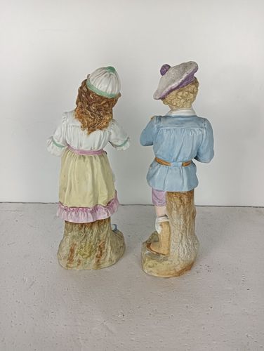 Two Statue Figurines  Porcelain  Porcelain Antique Germany Boy Puppies Girl Kitt photo Home Decor