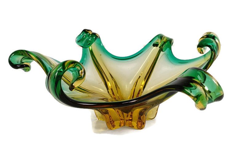 Gorgeous Bowl Dish Centerpiece Green Amber Art Glass Murano Italy Vintage
