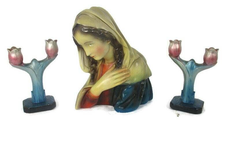Virgin Mary Madonna Plaster Statue  Bust Plaster  2 Matching Candle Holders Art