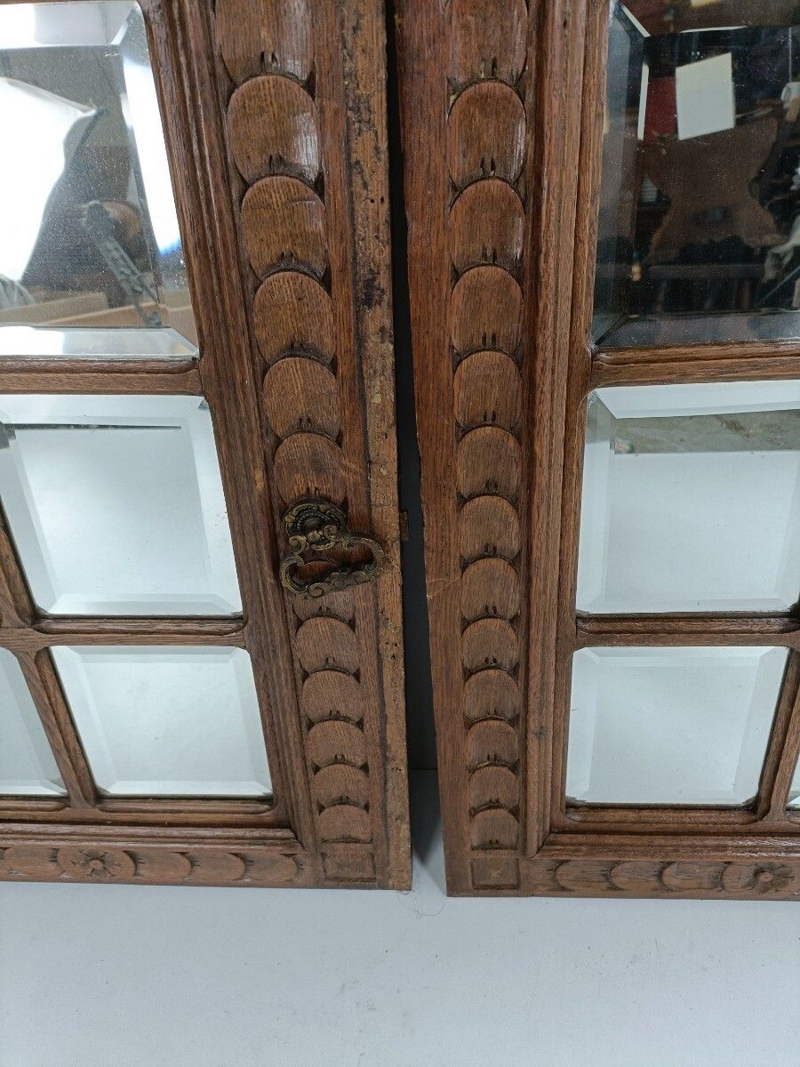 Pair Antique Wooden Beveled Glass Carved  Door Panels Salvaged Reclaimed Archite photo furniture