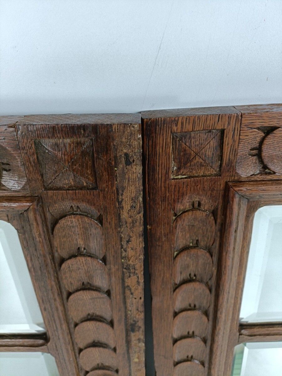 Pair Antique Wooden Beveled Glass Carved  Door Panels Salvaged Reclaimed Archite photo 384.0