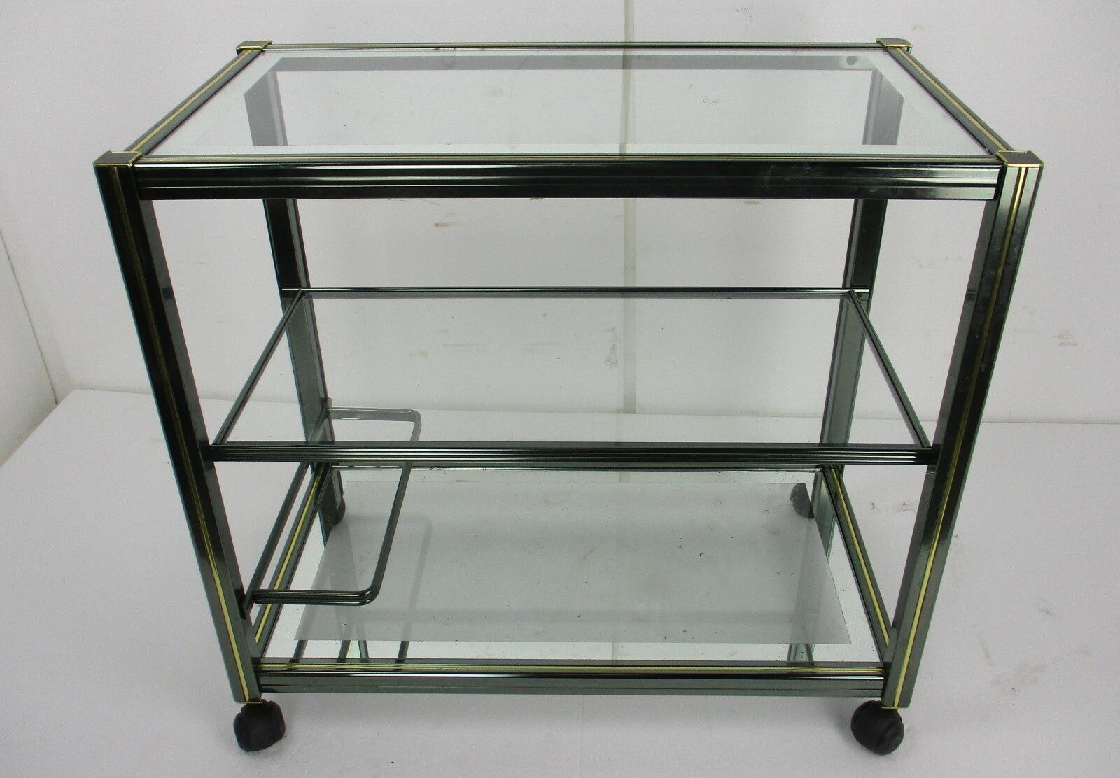 Vintage Design Coffee Table Kitchen Island Three Tier Brass Beveled  Glass Glam photo furniture