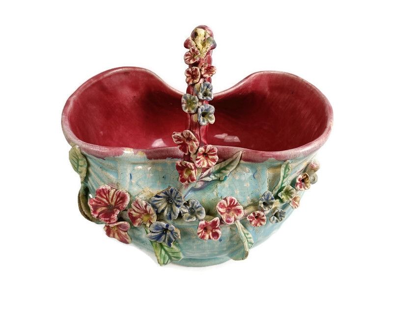 Planter Cache Pot French Pottery Faience Majolica Flowers Art Deco Gorgeous Bask