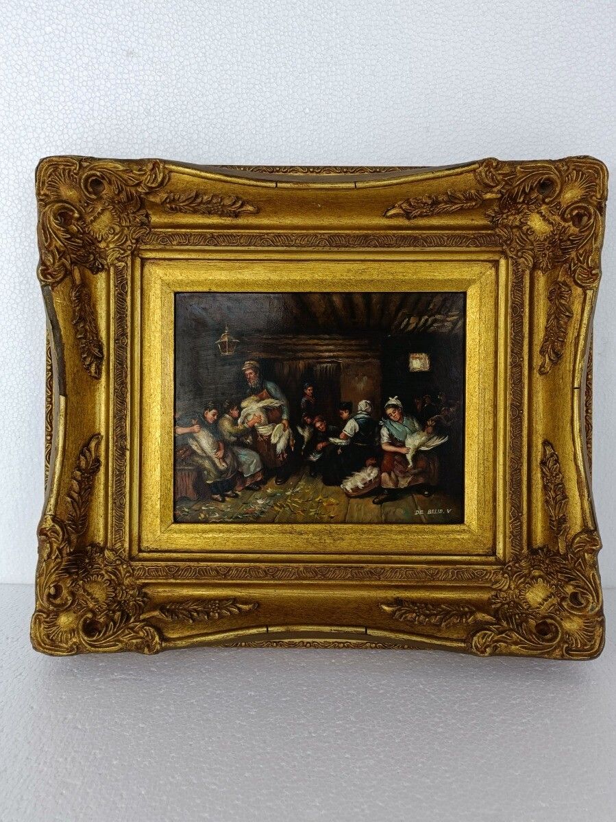 Oil Painting On Wood  Gorgeous Wood And Plaster Frame Signed De Belie V. Peasant photo furniture