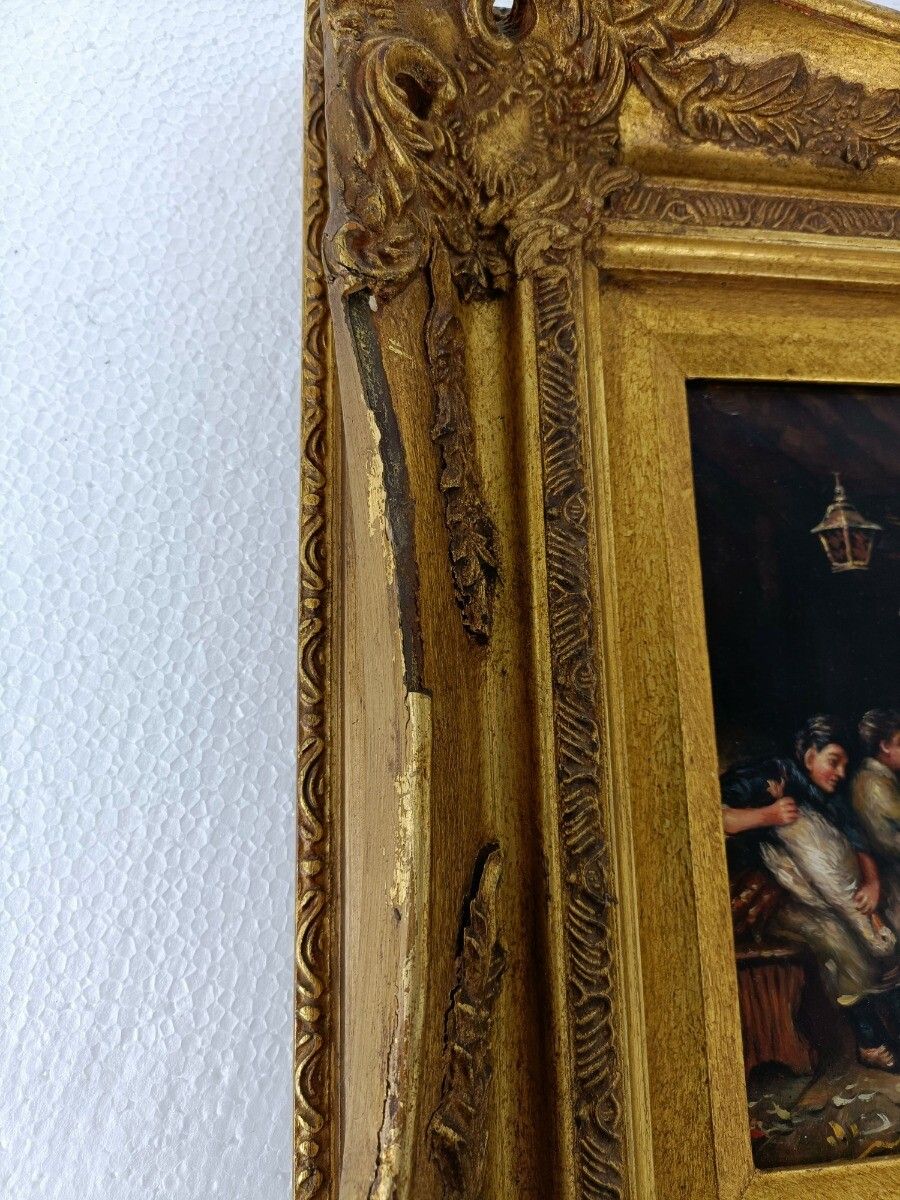 photo for sale Oil Painting On Wood  Gorgeous Wood And Plaster Frame Signed De Belie V. Peasant