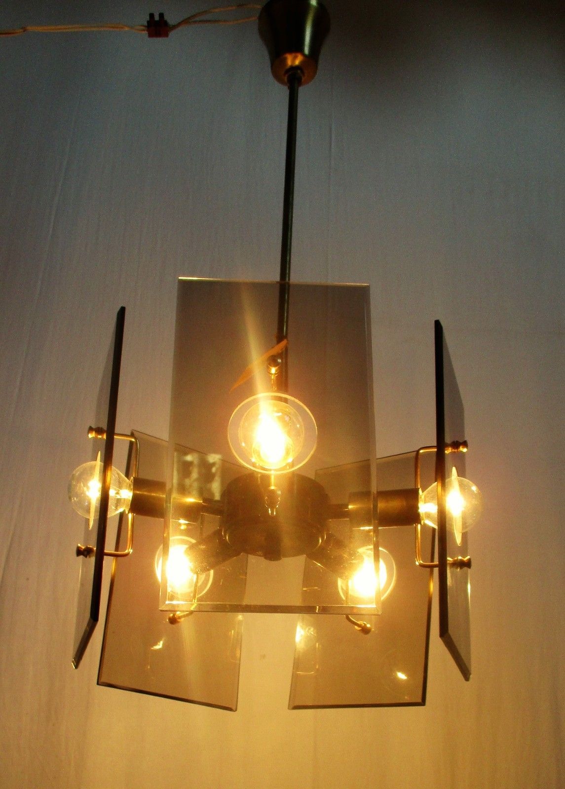 Design Chandelier Gino Paroldo For Fontana Arte Brass Smoked Glass 5 Lights photo Lighting