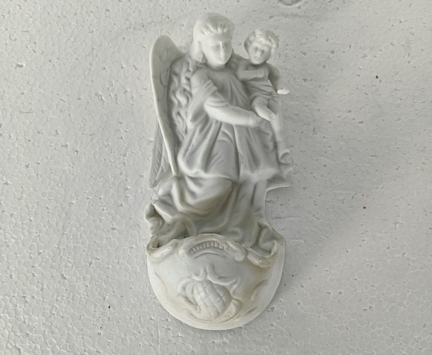 Beautiful Antique Wall Hanging Holy Water Font, Vessel Bisque, Porcelain, Angel
