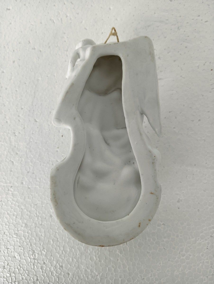 Beautiful Antique Wall Hanging Holy Water Font, Vessel Bisque, Porcelain, Angel photo vinterior