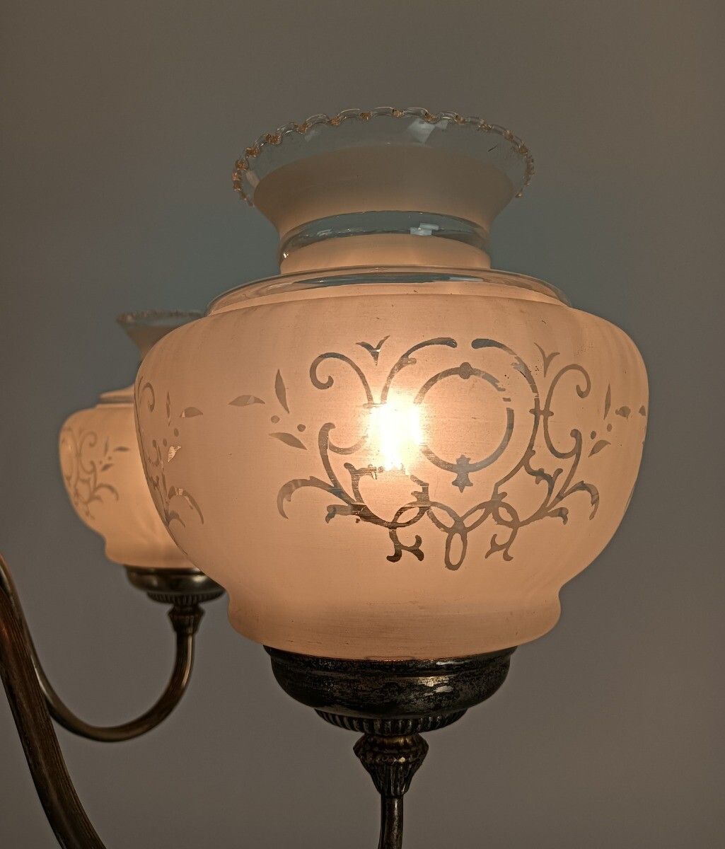 Silver Plated Chandelier Brass Glass Hand Painted Shades 6 Lights Vintage Victor photo vinterior