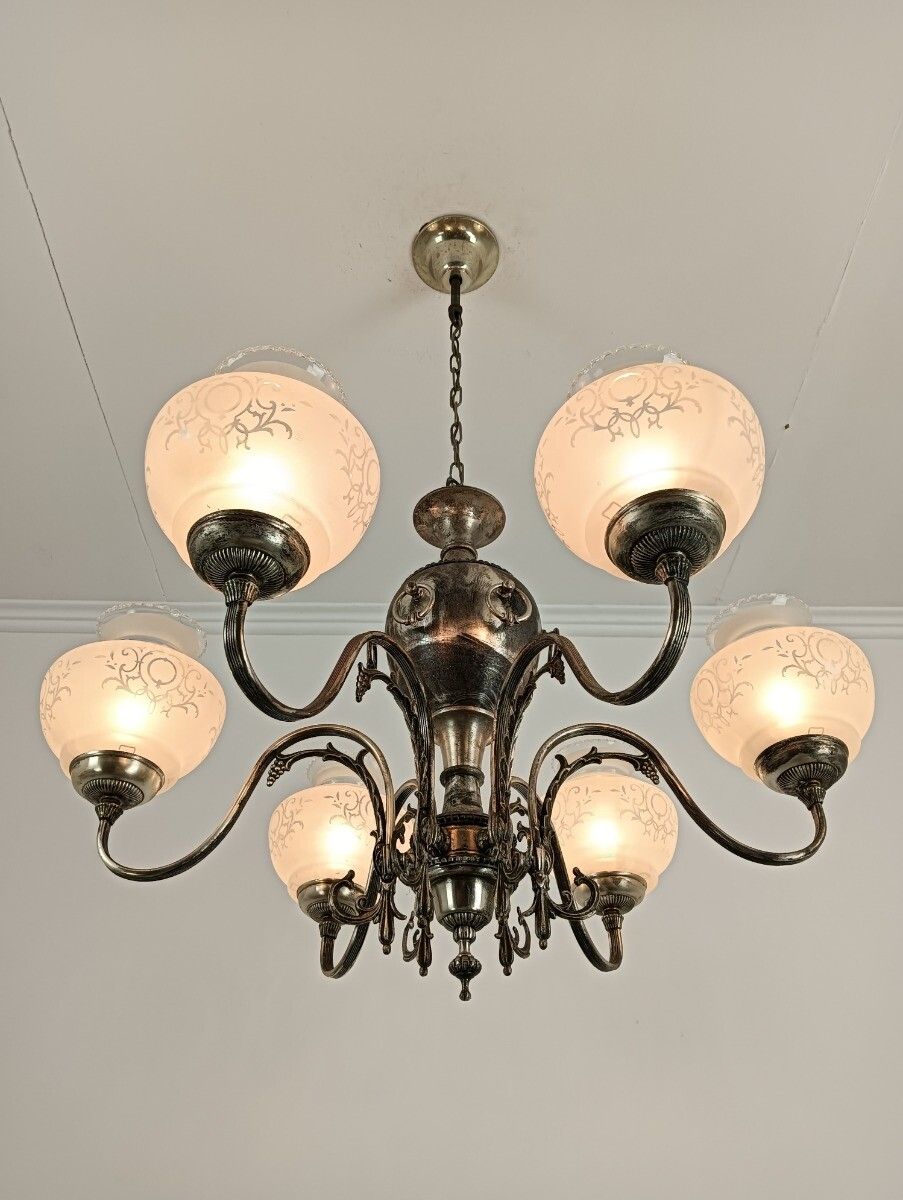 Silver Plated Chandelier Brass Glass Hand Painted Shades 6 Lights Vintage Victor photo vintage