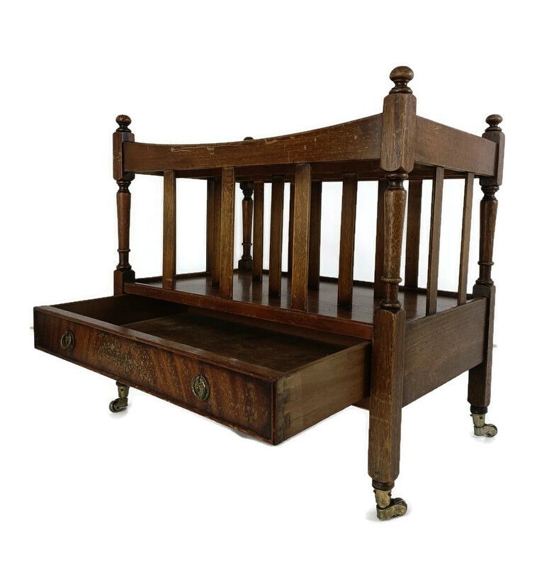 Carved Wooden Magazine Rack Newspaper Basket On Wheels English Regency Vintage D